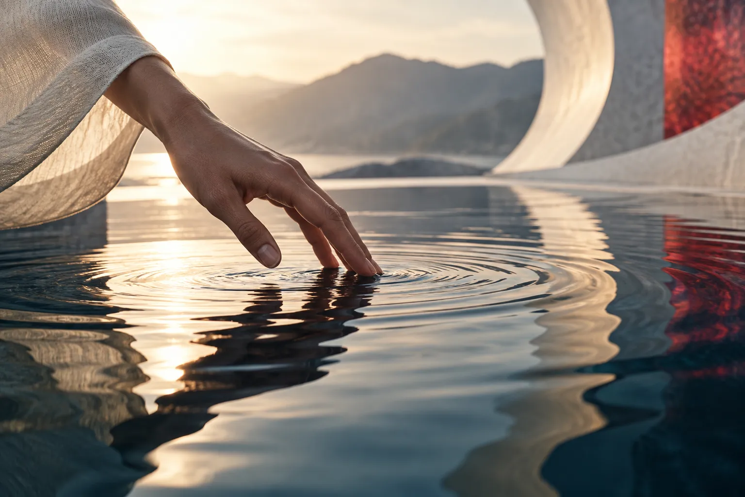 Eine Hand berührt Wasser mit Wellen und geometrischen Spiegelungen.