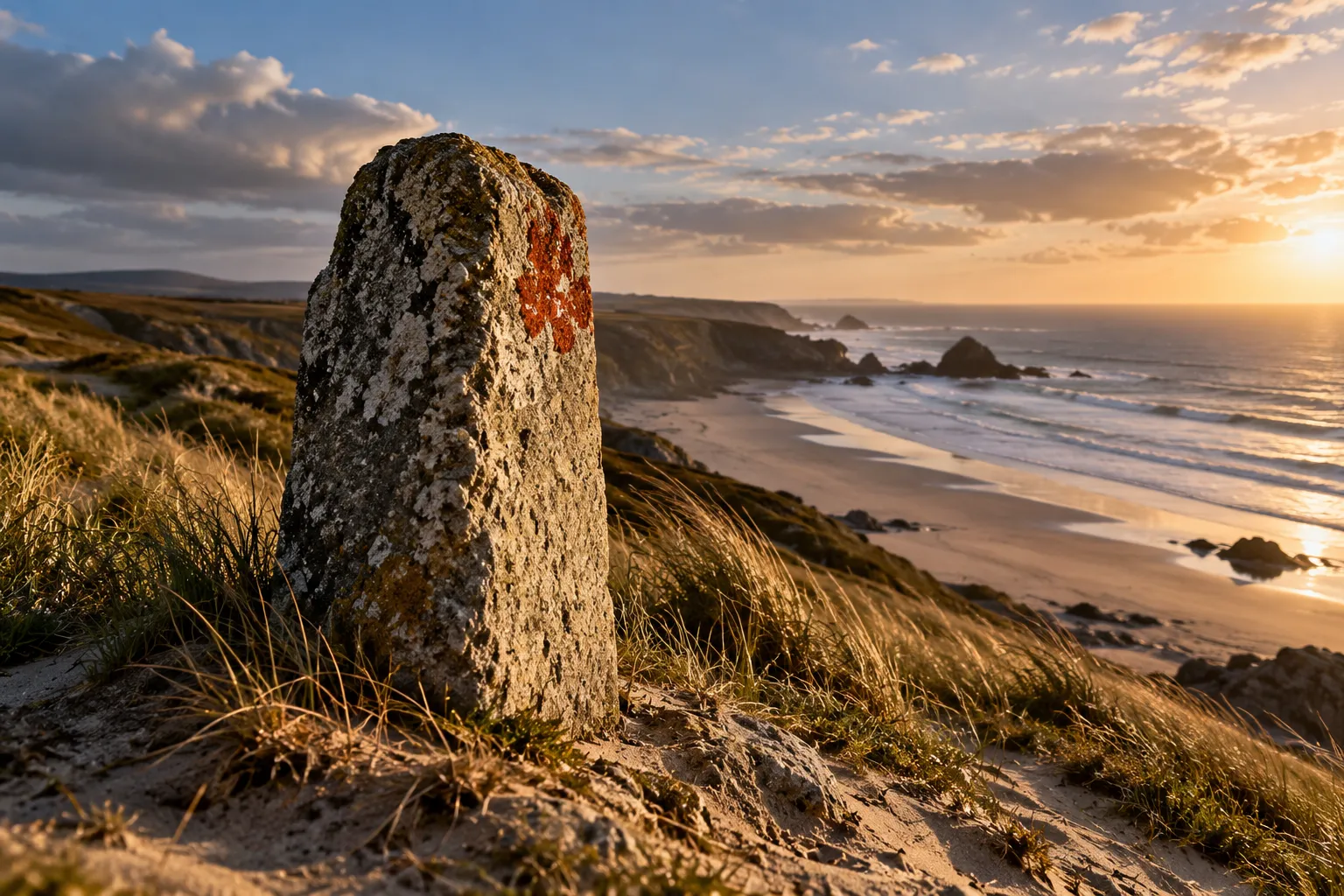 A weathered boundary stone stands at the edge of a coastal dune.