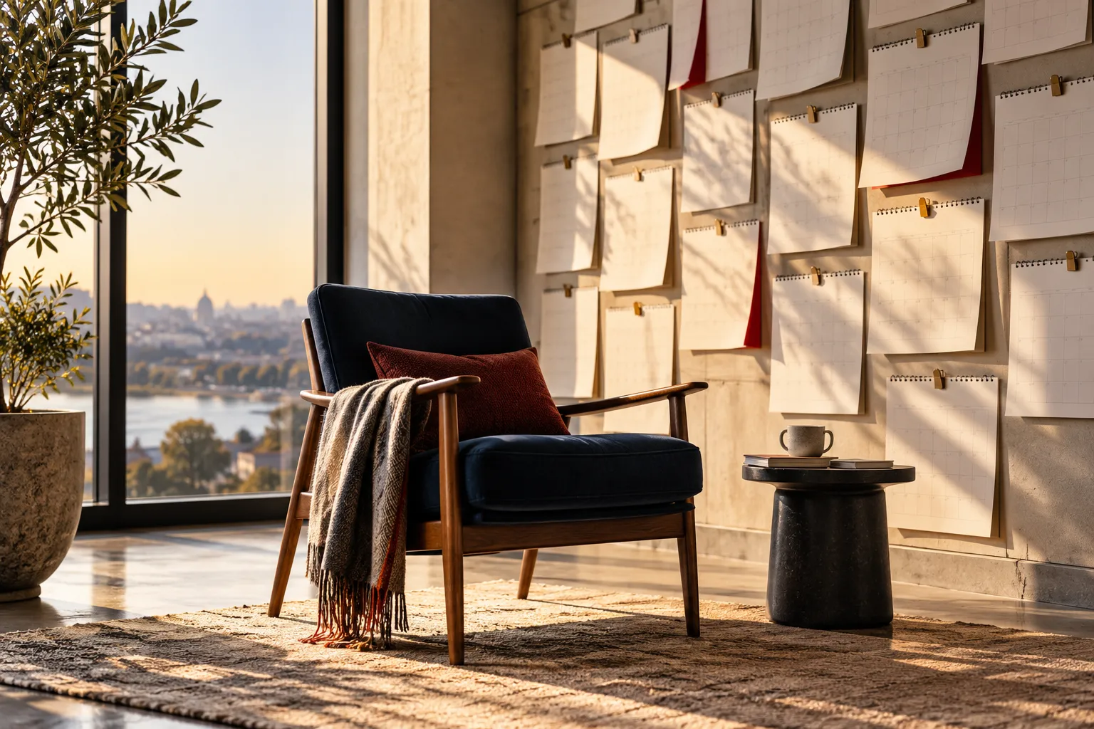 Ein leerer Stuhl am sonnigen Fenster vor vielen unbeschrifteten Kalenderblättern.