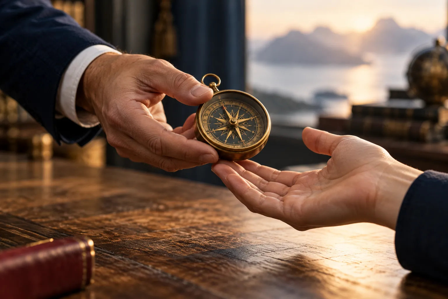 Two pairs of hands pass a brass compass across a wooden table.
