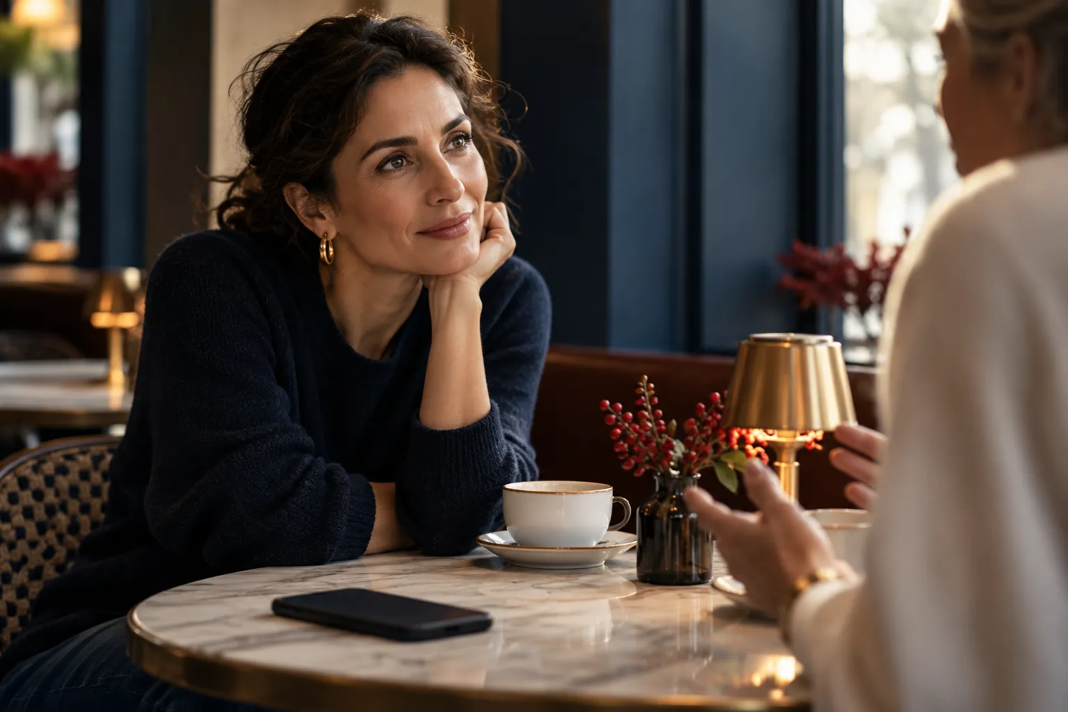 Two people have an attentive conversation; a smartphone lies face down on the table.