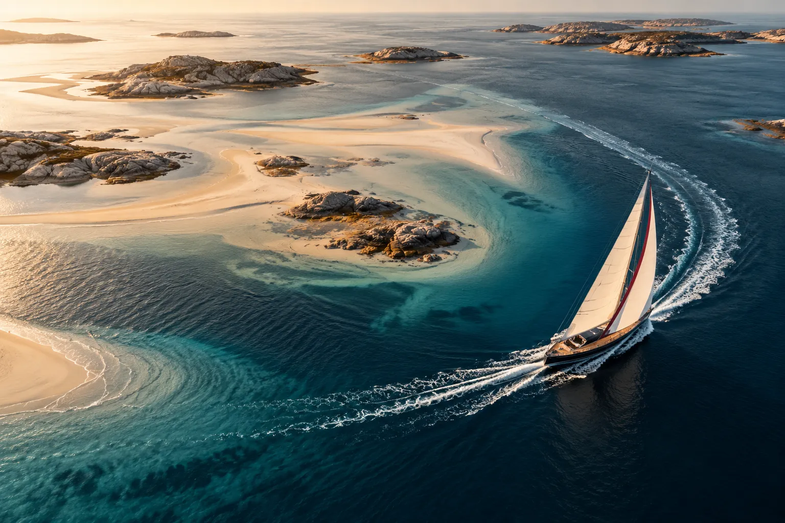 An aerial view of a sailing boat changing course around a shoal.