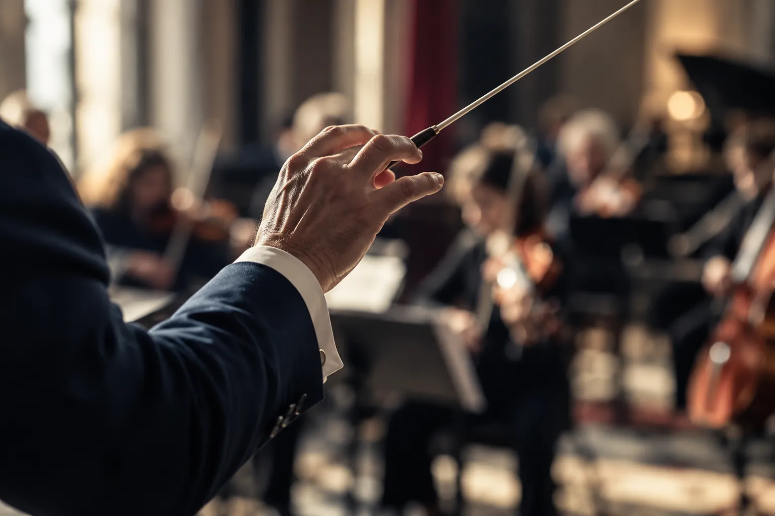 A conductor’s hand guides a softly focused ensemble.