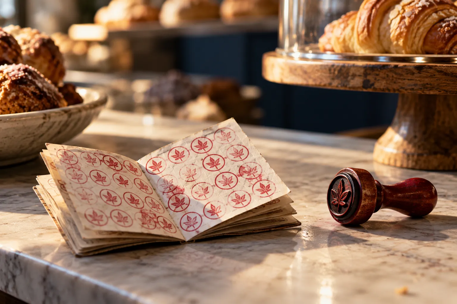 A filled loyalty stamp booklet beside a red stamp on a bakery counter.