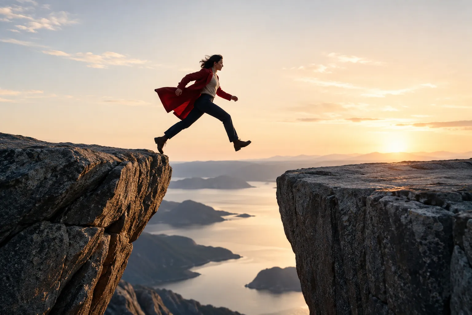 A person takes a decisive step between two stable stone platforms.