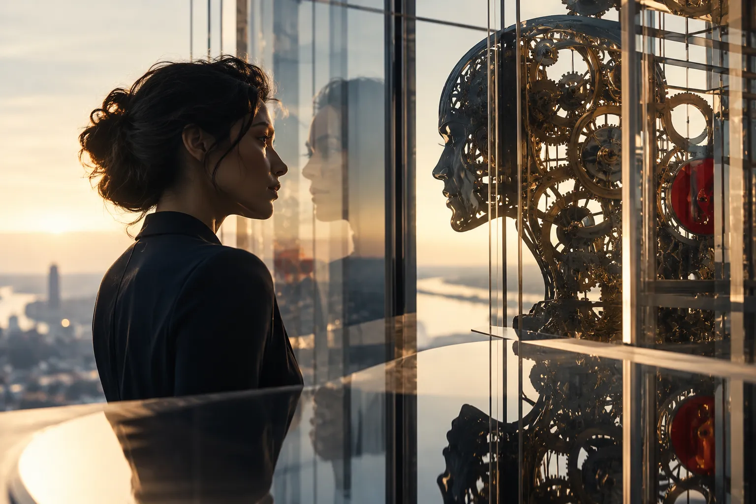 Human and mechanical silhouettes are reflected in layered glass.