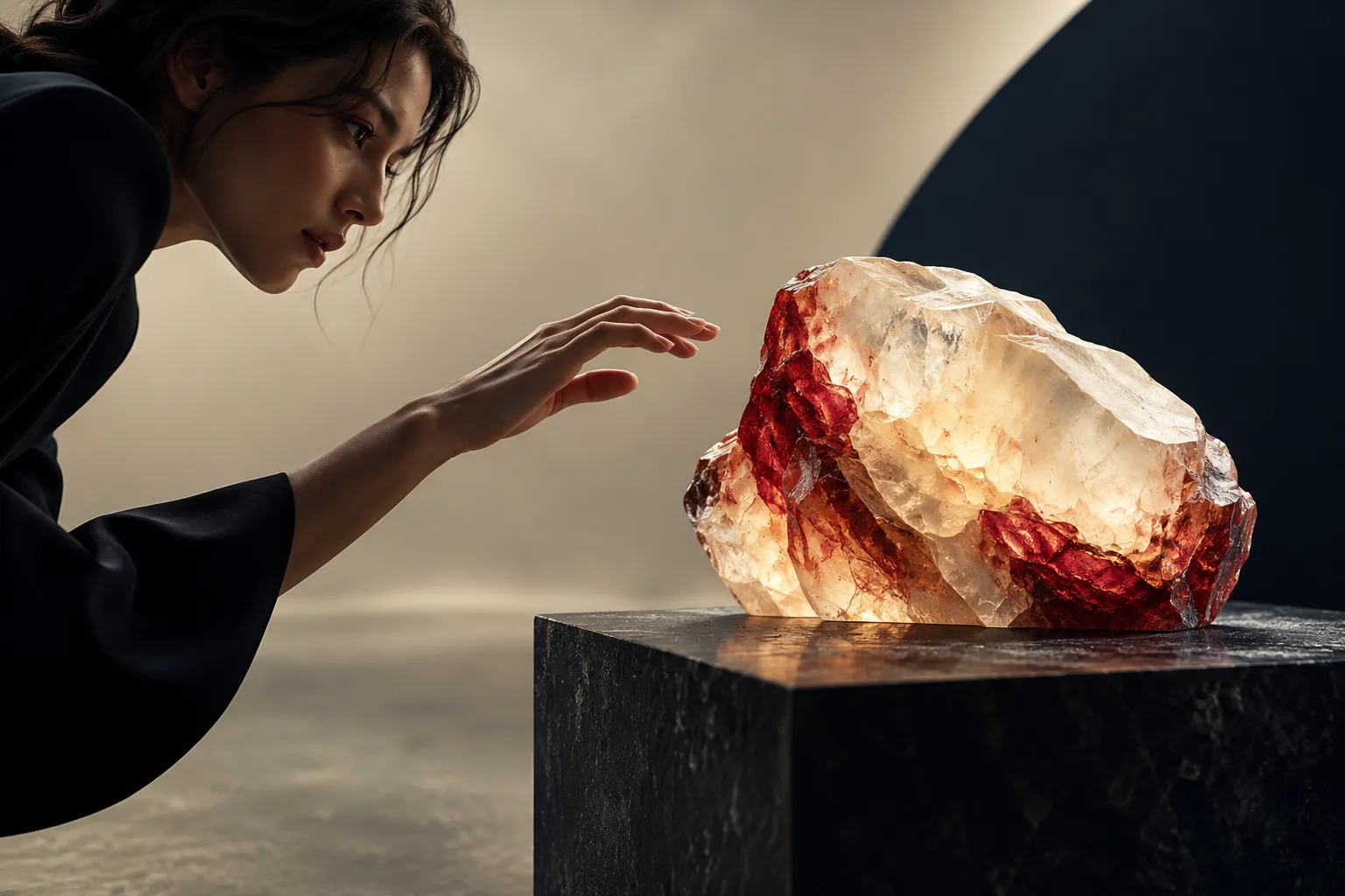 Eine Person nähert sich vorsichtig einem unbekannten transluzenten Mineral.