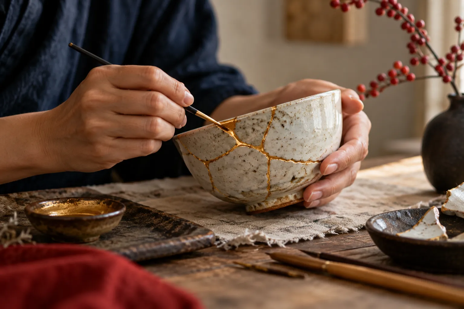 Two hands repair a ceramic bowl with visible golden seams.