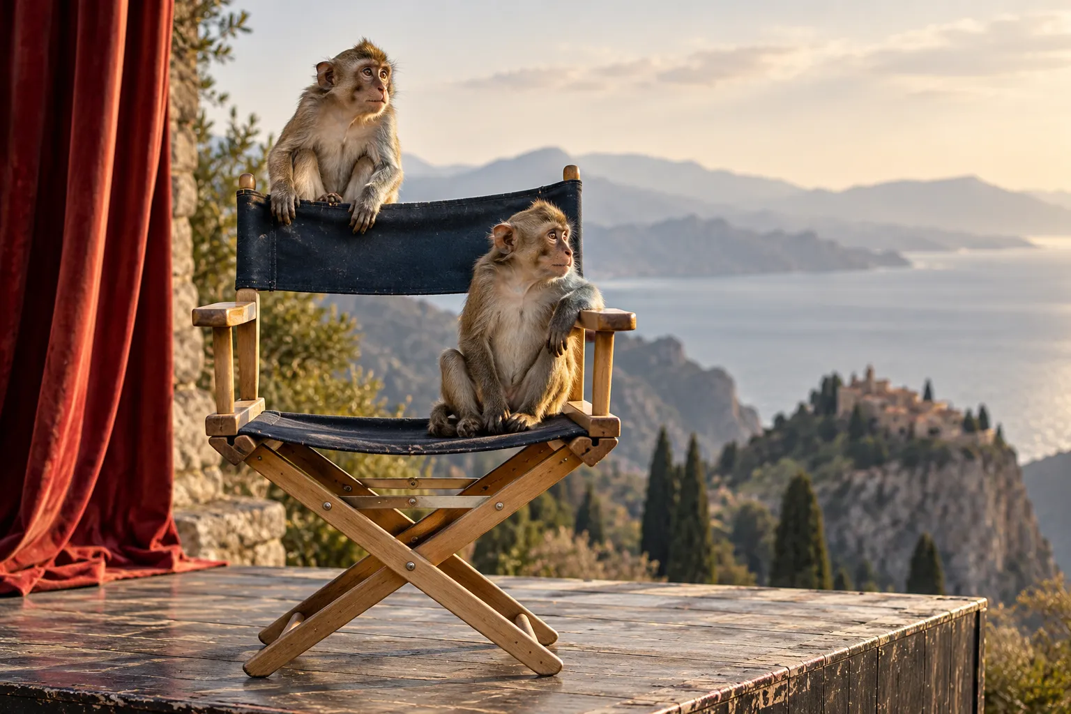 Two macaques sit on an abandoned director’s chair on a small stage.