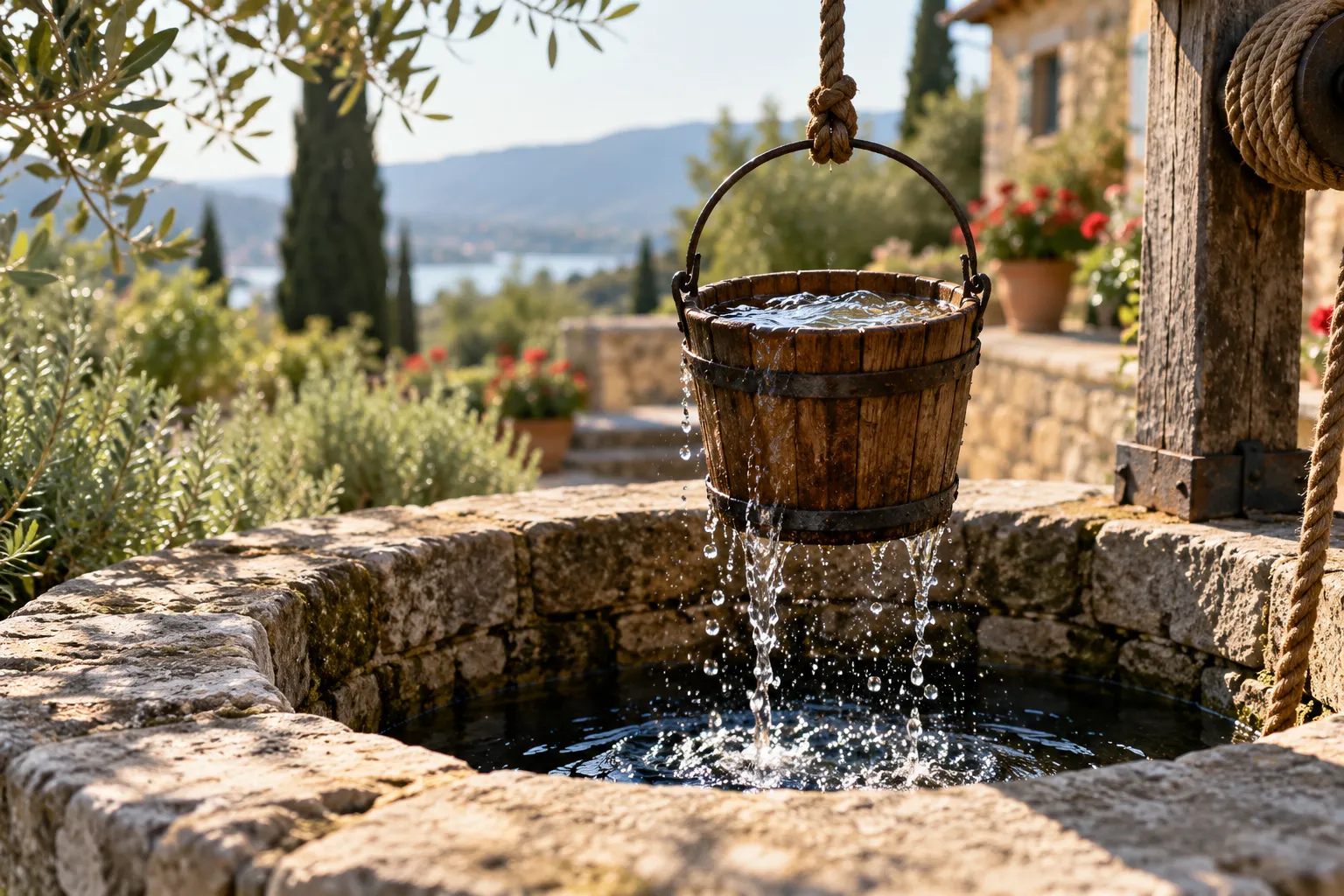 Ein Holzeimer mit klarem Wasser wird aus einem steinernen Brunnen gehoben.