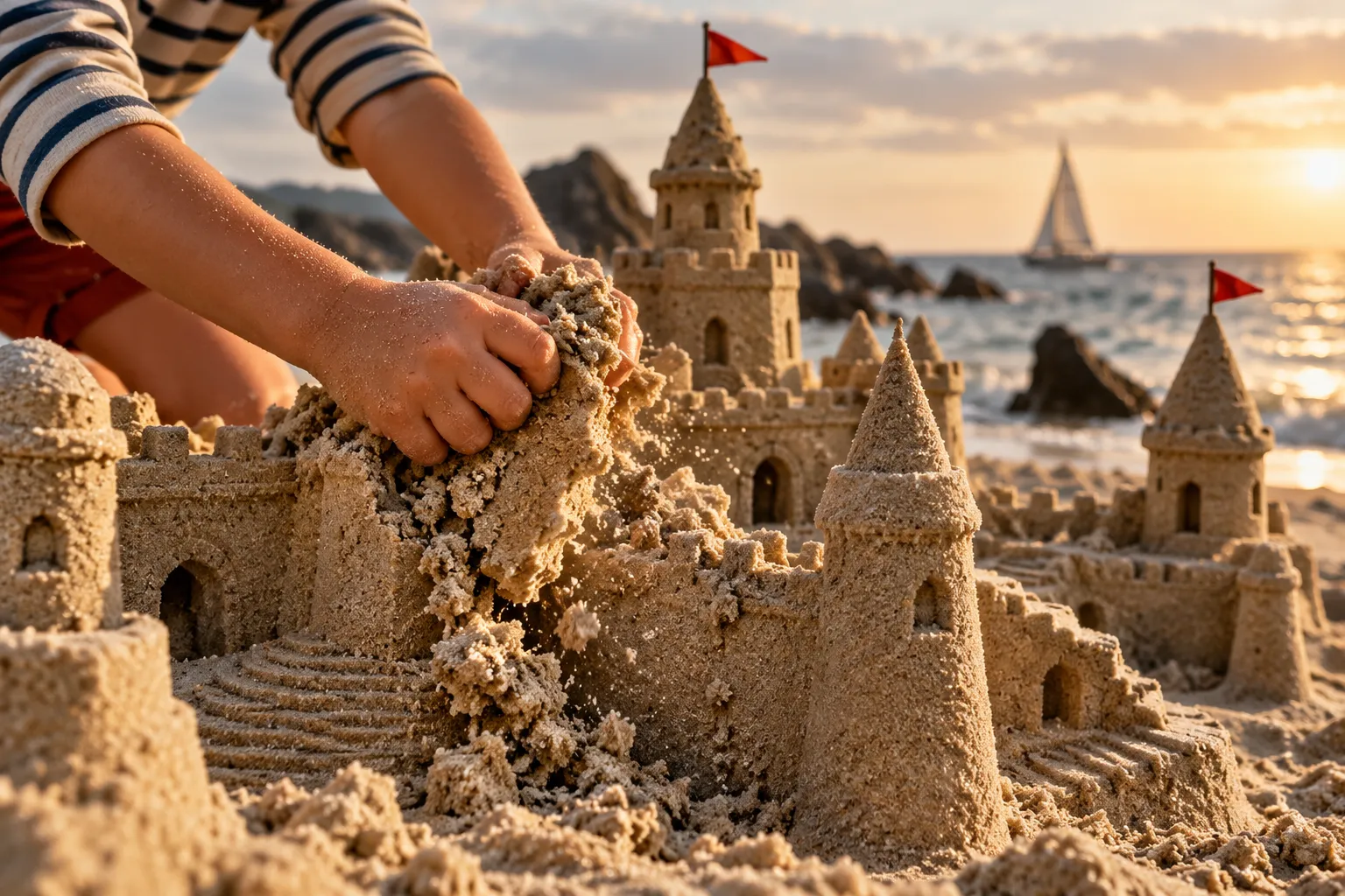 Kinderhände lösen eine Wand einer Sandburg am Strand auf.
