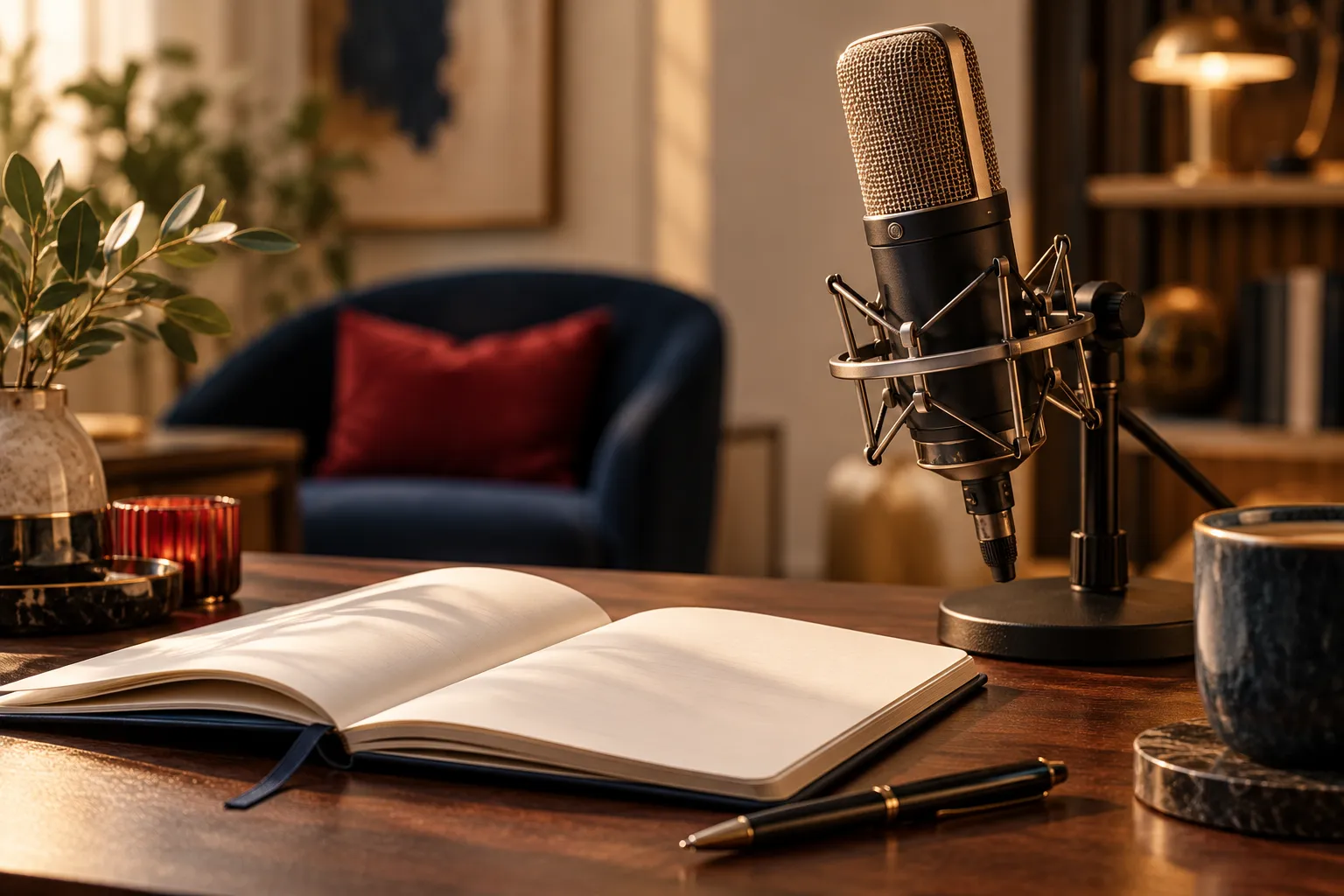 A recording microphone and an open blank notebook in a warm studio.