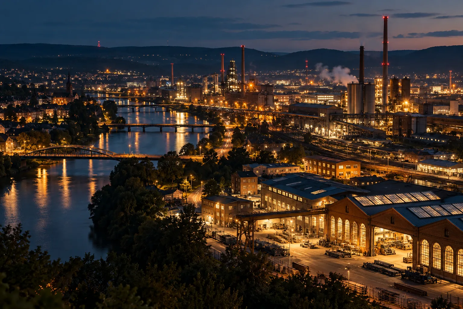 An aerial night view of an industrial town with illuminated workshops.