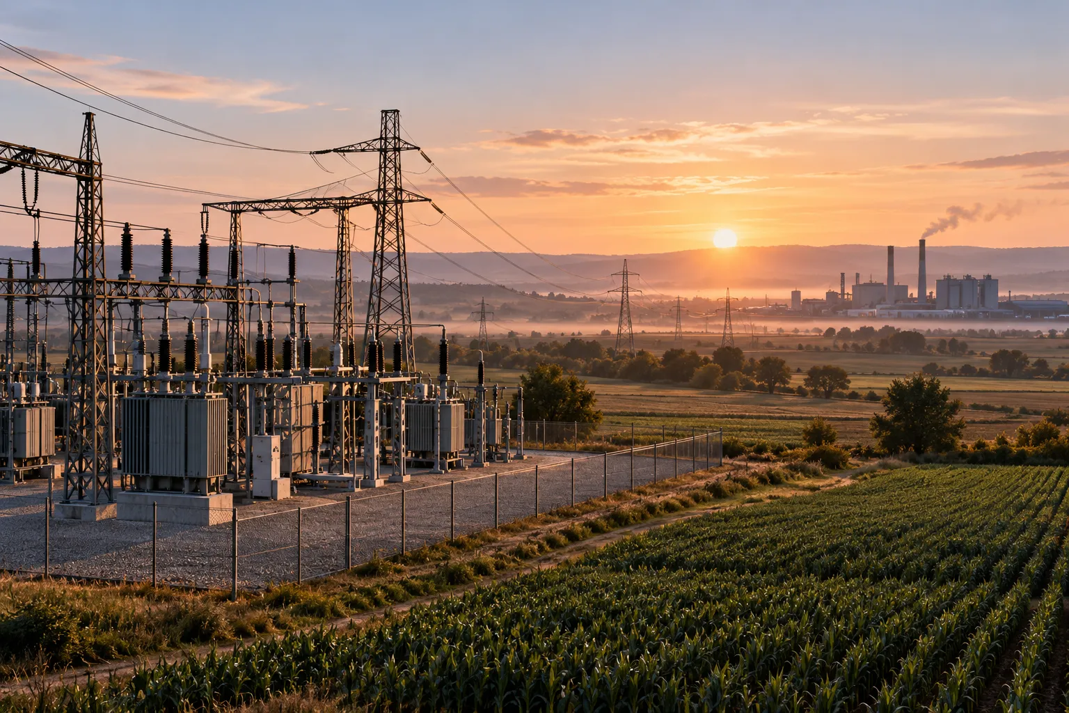 Ein Stromumspannwerk verbindet Felder und einen fernen Industriebetrieb.