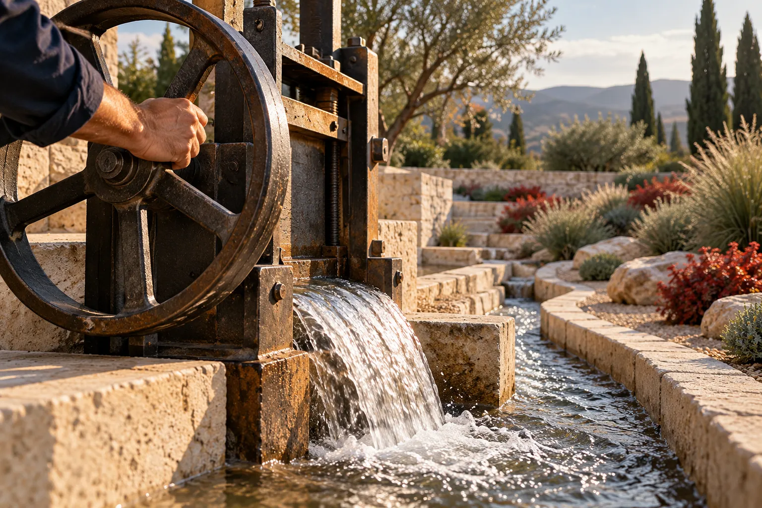 A hand turns a large sluice wheel to direct water into a garden channel.