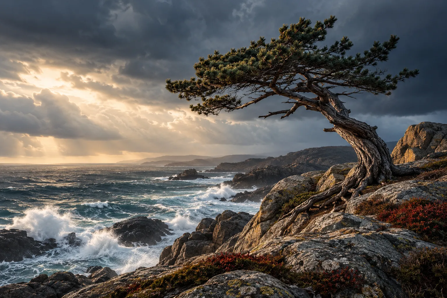 A wind-shaped coastal pine is firmly rooted in rock.