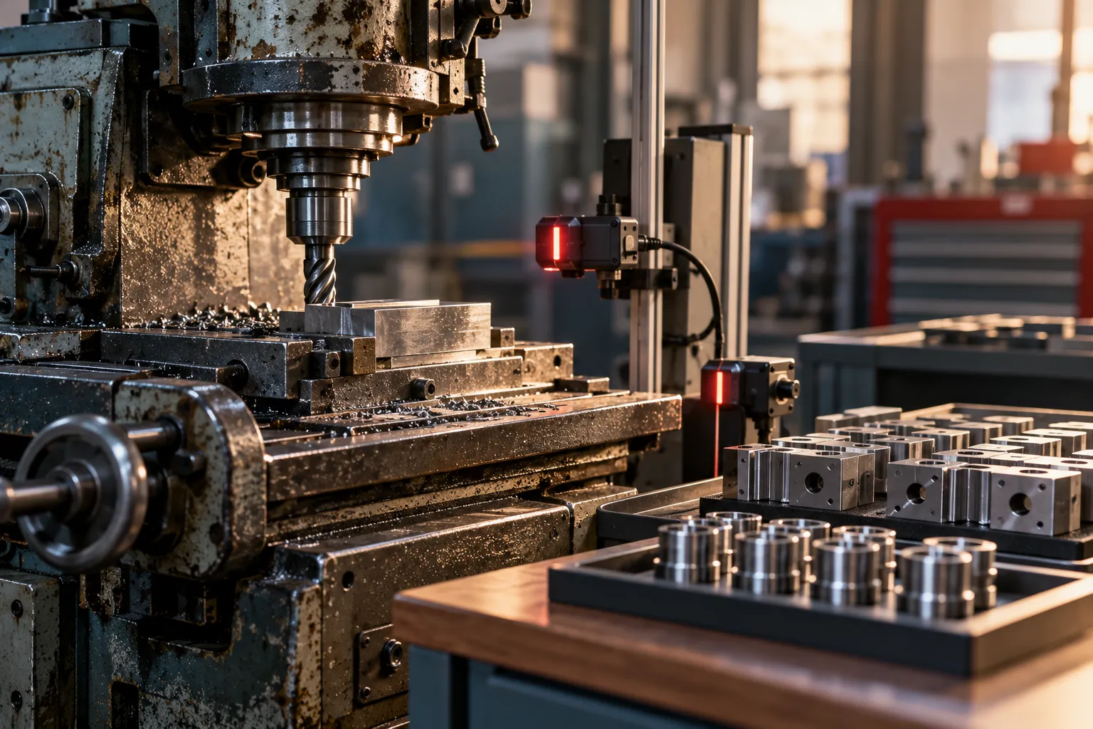 Eine industrielle Fräsmaschine mit Sensoren und geordneten Präzisionsbauteilen.