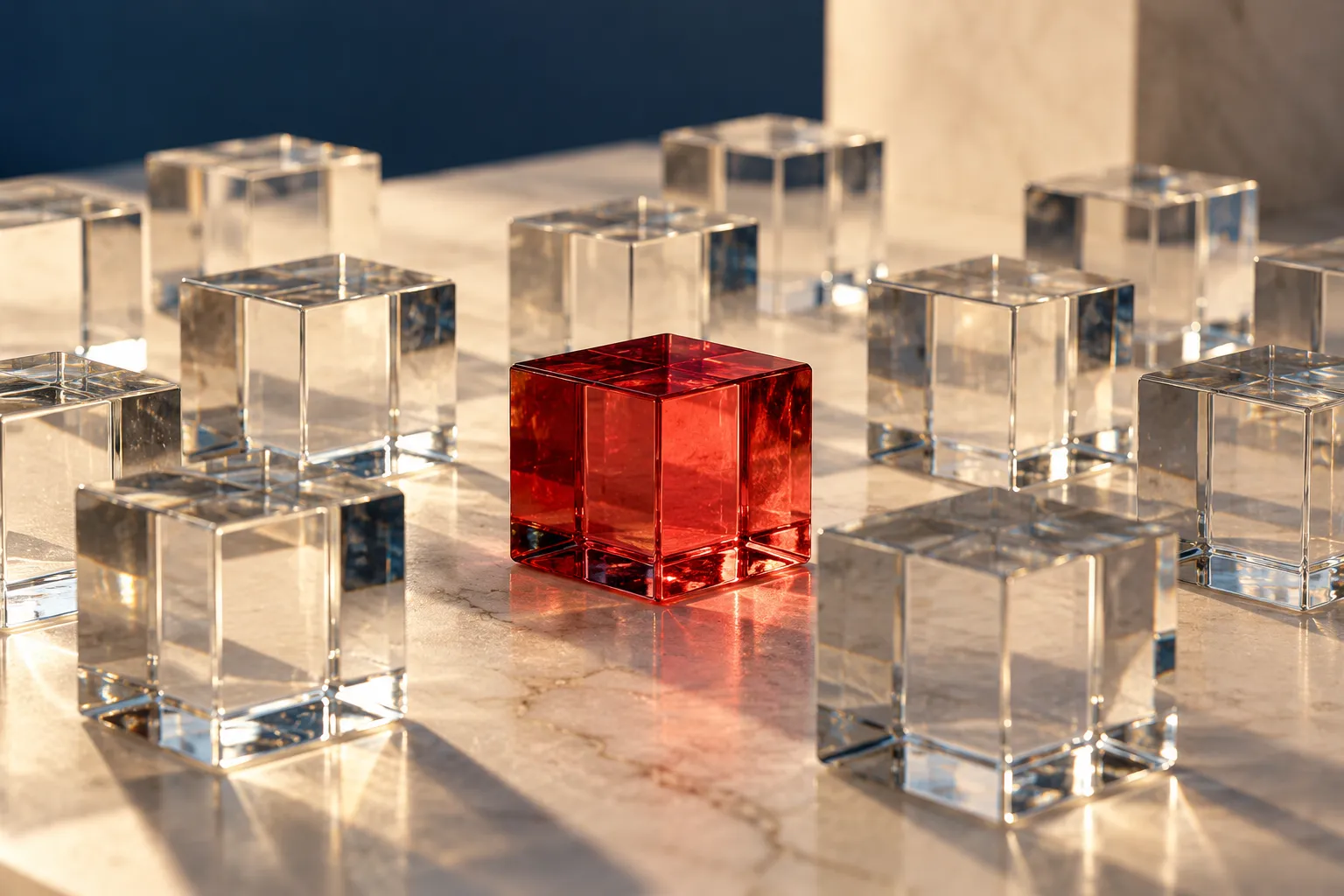 Ein ungeschliffenes rot getöntes Glasstück zwischen gleichförmigen klaren Glaswürfeln.