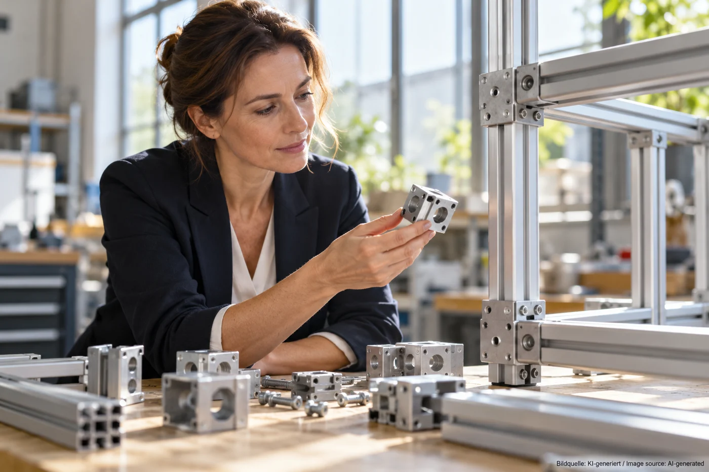 Eine Fachfrau prüft modulare Metallbauteile an einer Werkbank.