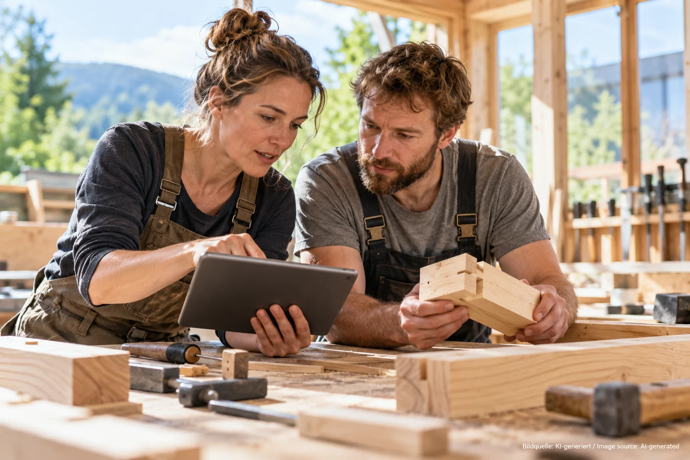 Two craft professionals compare a tablet with a wooden joint.
