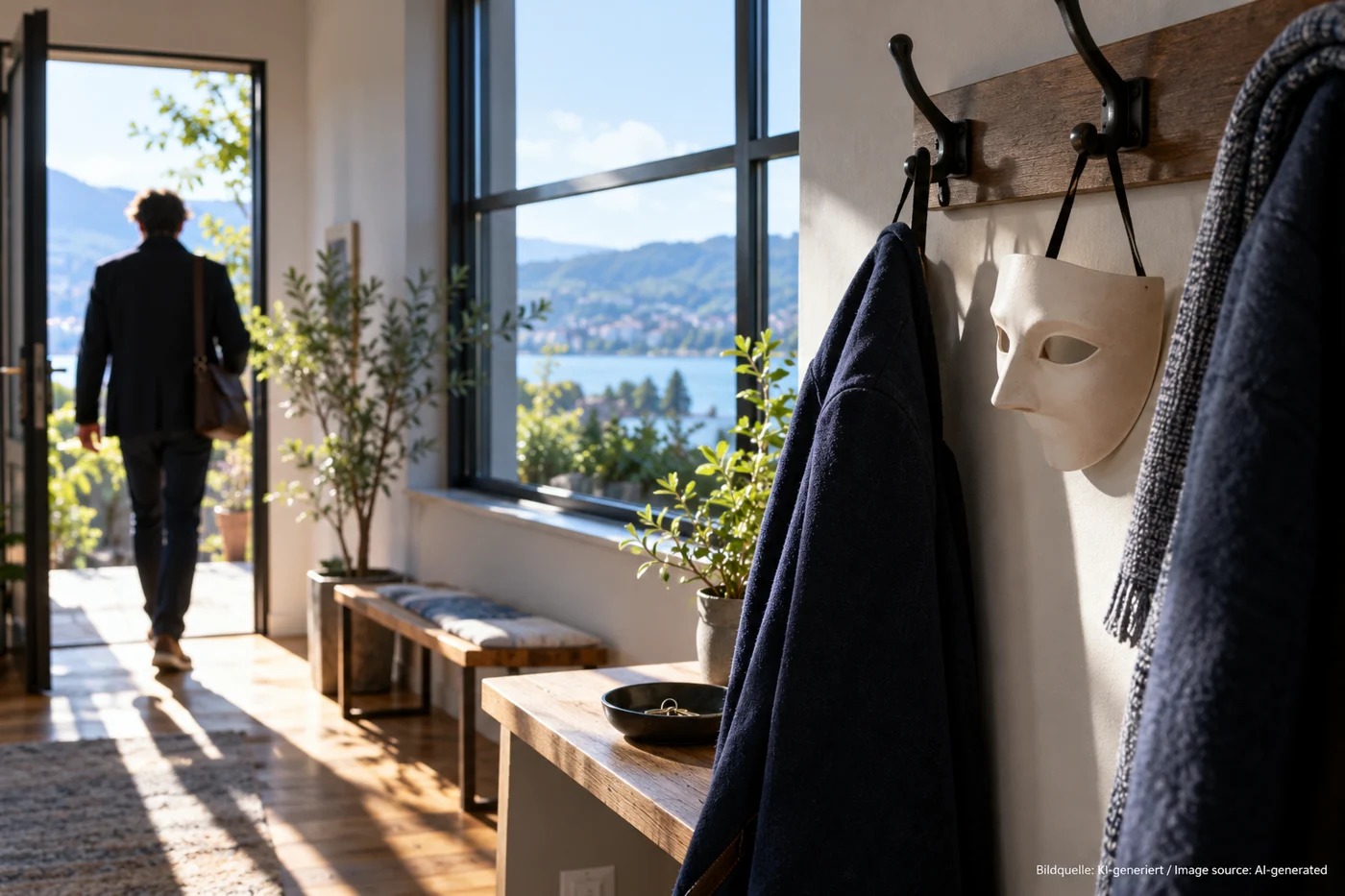 Eine schlichte Maske hängt an einem Haken neben einem hellen Fenster.