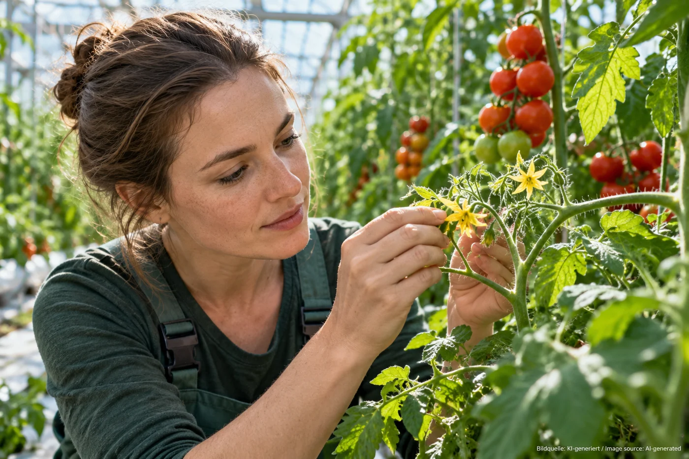 Eine Person pflegt eine Tomatenblüte im Gewächshaus.