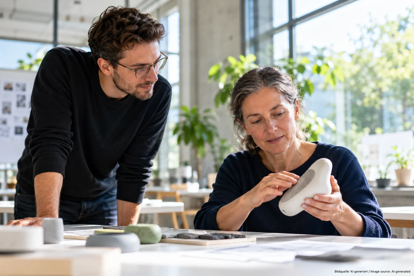 Eine Designerin beobachtet einen Kunden beim Test eines Prototyps.