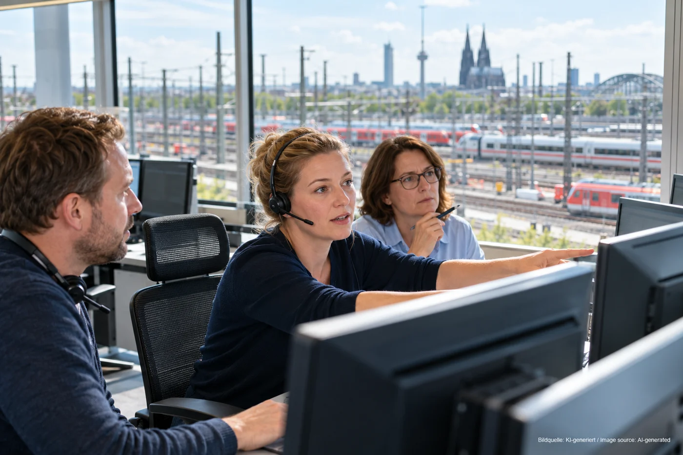 A dispatcher coordinates with colleagues in a control room.