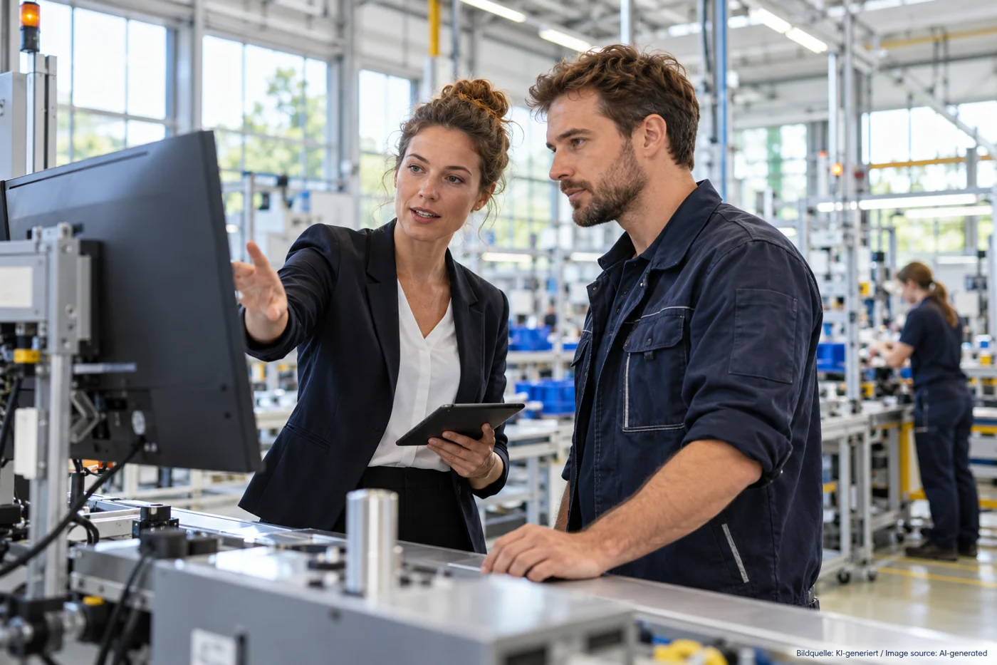 Eine Teamleiterin und ein Techniker sprechen an einem digitalen Arbeitsplatz.
