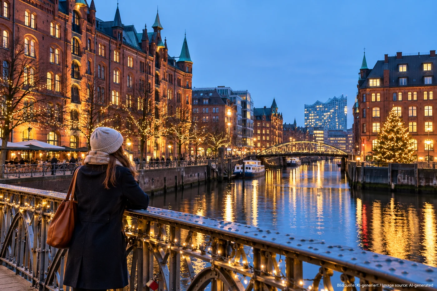 Festliche Lichter spiegeln sich an einer Hamburger Kanalbrücke im Wasser.