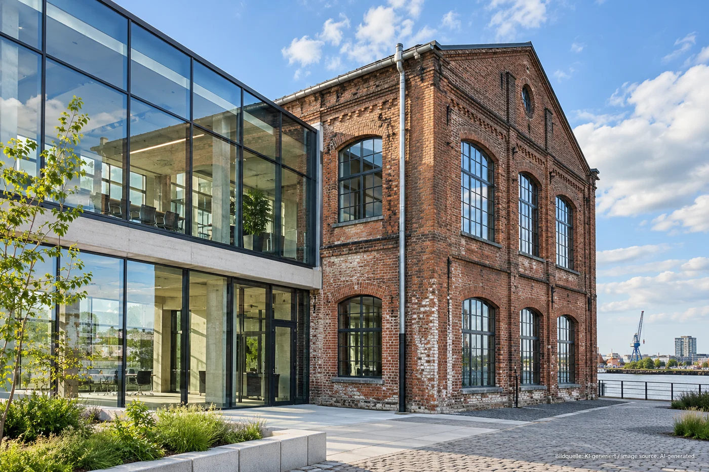 A modern glass extension meets an older brick industrial building.