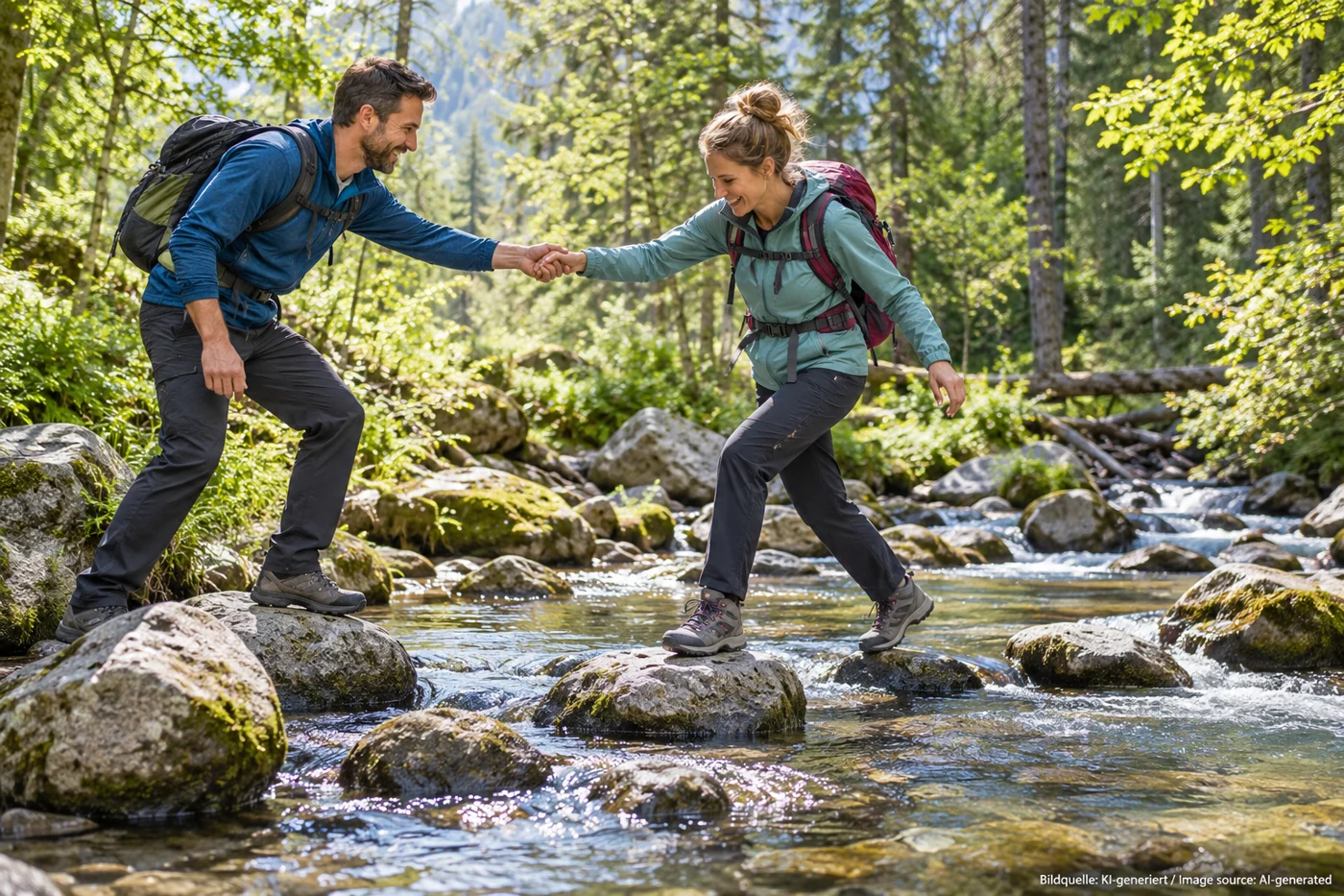 Zwei Freundinnen helfen einander beim Überqueren eines flachen Waldbachs.