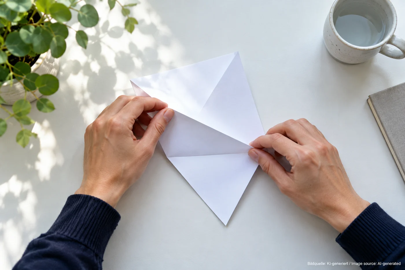 Hände beginnen ein weißes Blatt Papier zu einer neuen Form zu falten.