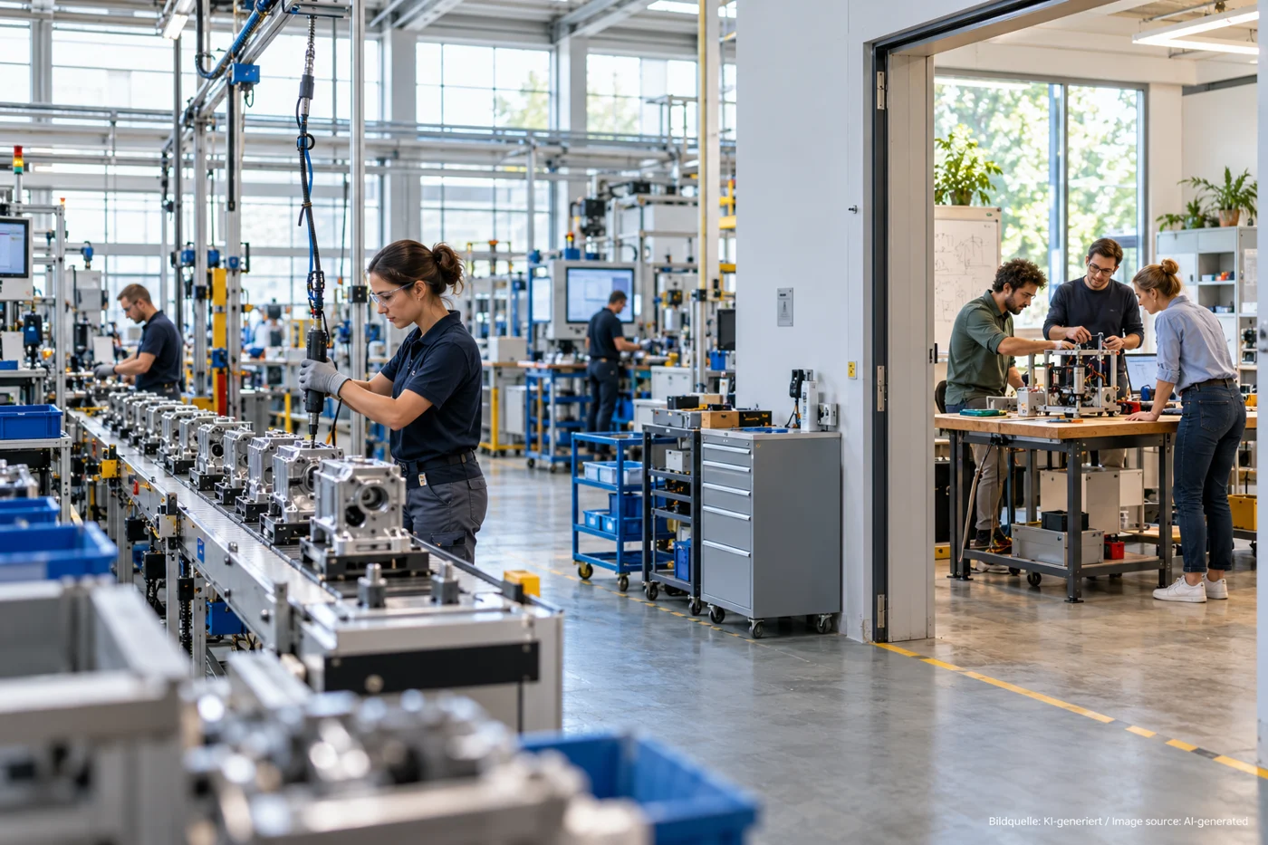 Neben einer Produktionslinie ist durch eine offene Tür ein Experimentierbereich sichtbar.