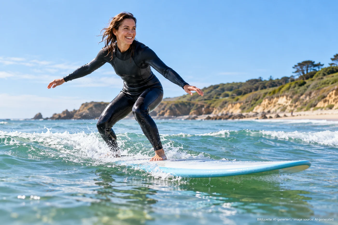 Ein erwachsener Surfer hält auf einer kleinen Welle das Gleichgewicht.