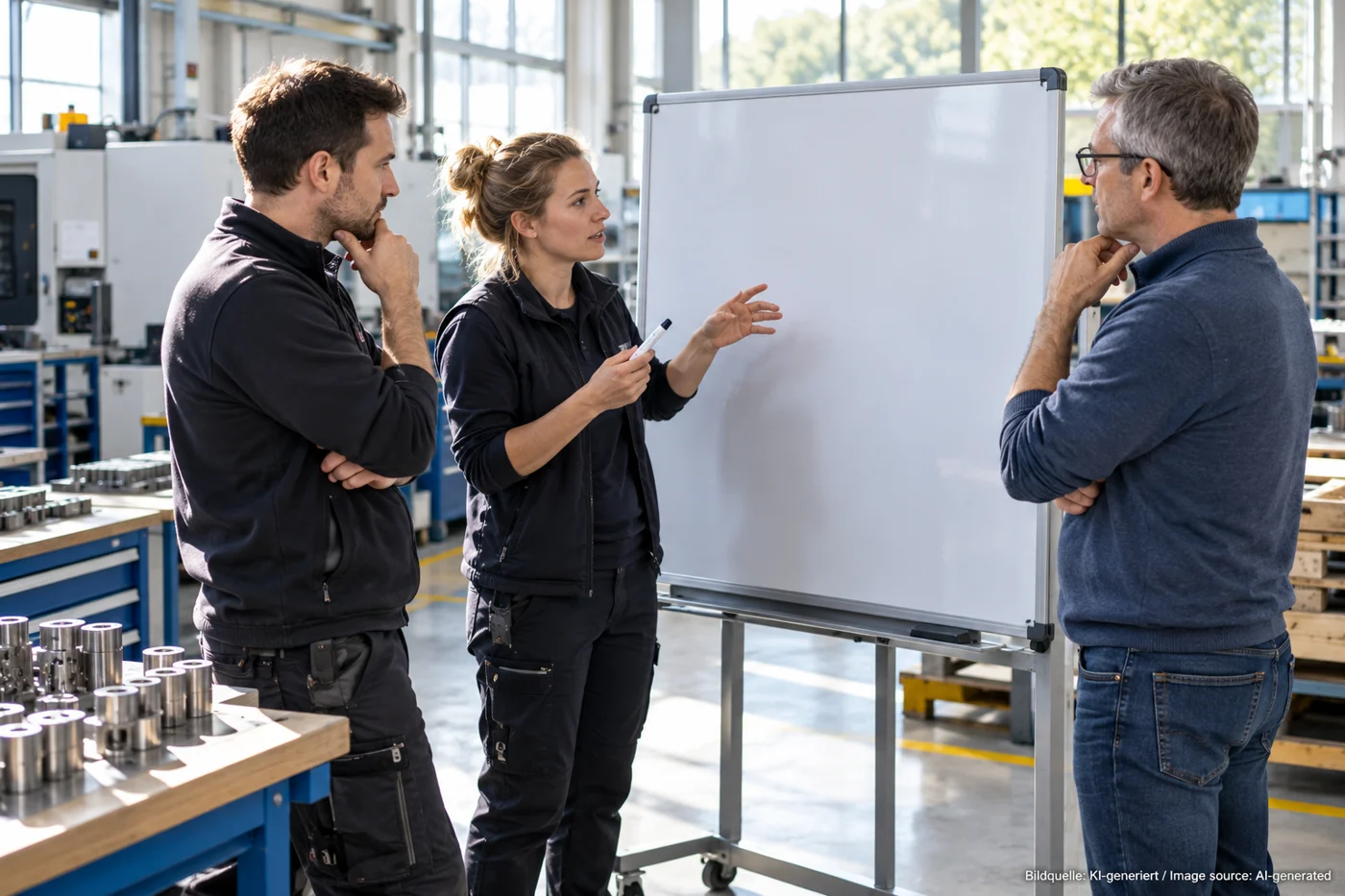 Three colleagues discuss next steps at a whiteboard in a workshop.