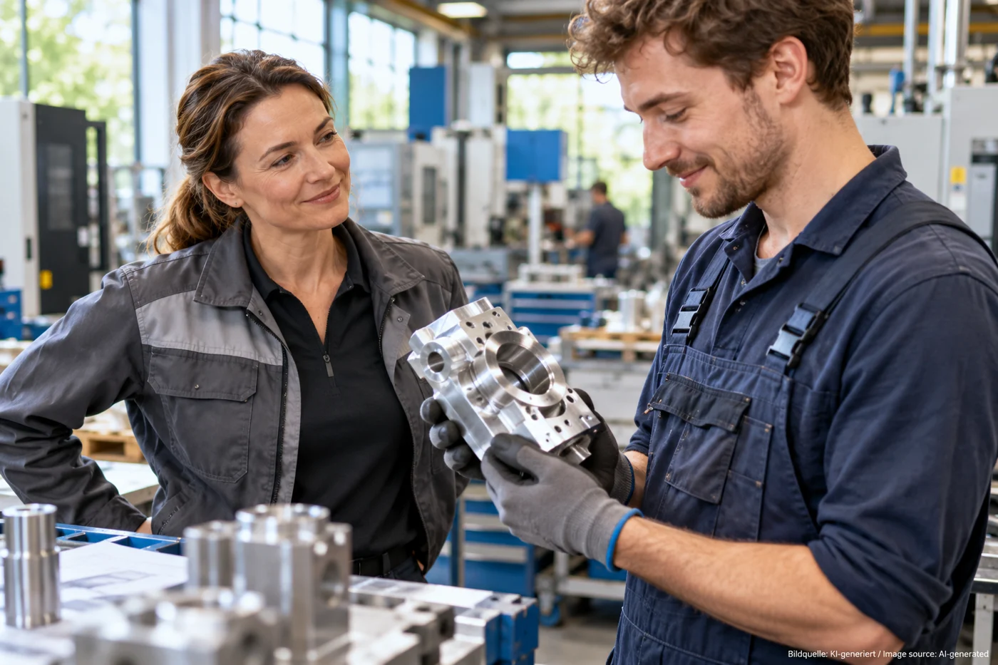 Eine Vorarbeiterin würdigt die Arbeit eines Technikers an einer Metallbaugruppe.