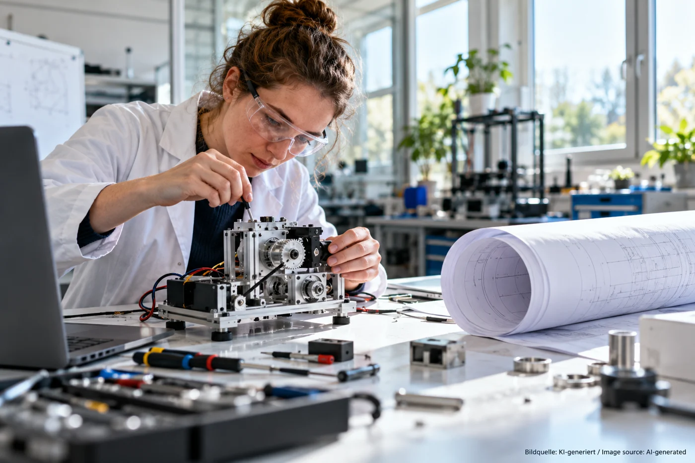 A person tests a small prototype beside a large roll of blueprints.