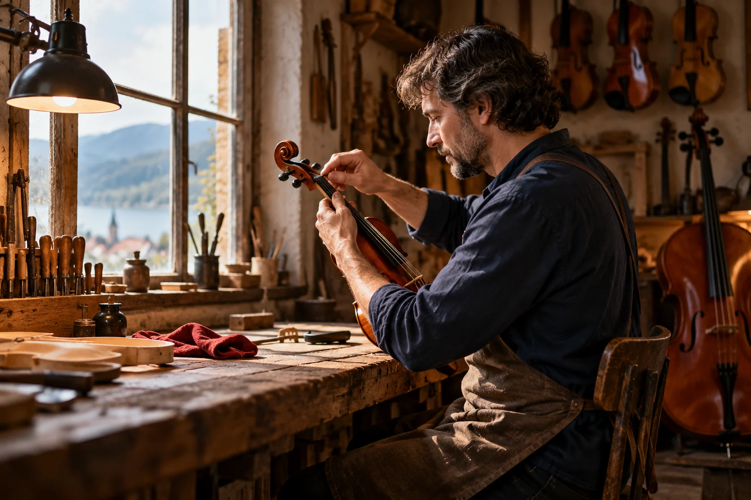A violin maker tunes a violin by his workshop window.