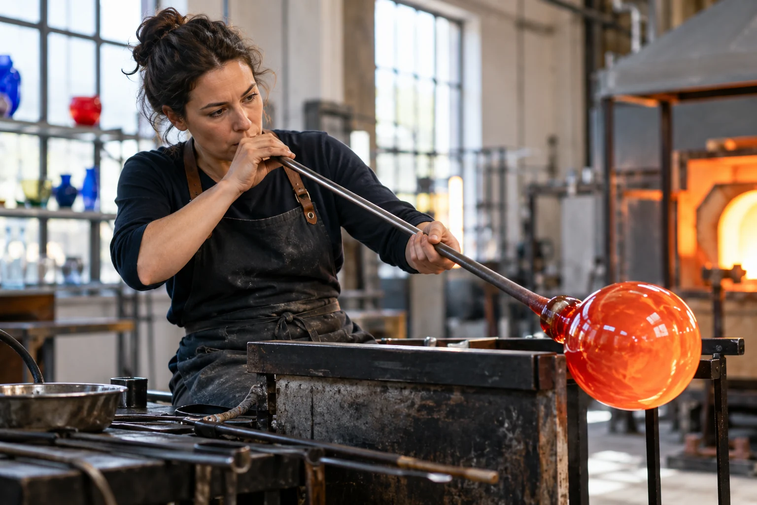 Eine Glasbläserin formt glühendes Glas in ihrer Werkstatt.