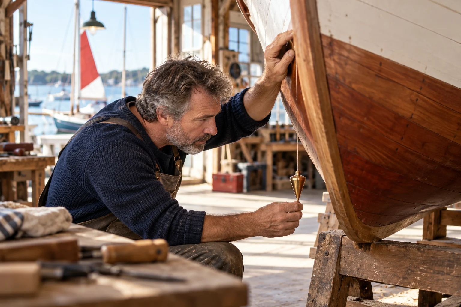A boatbuilder checks the keel of a wooden boat with a plumb bob.