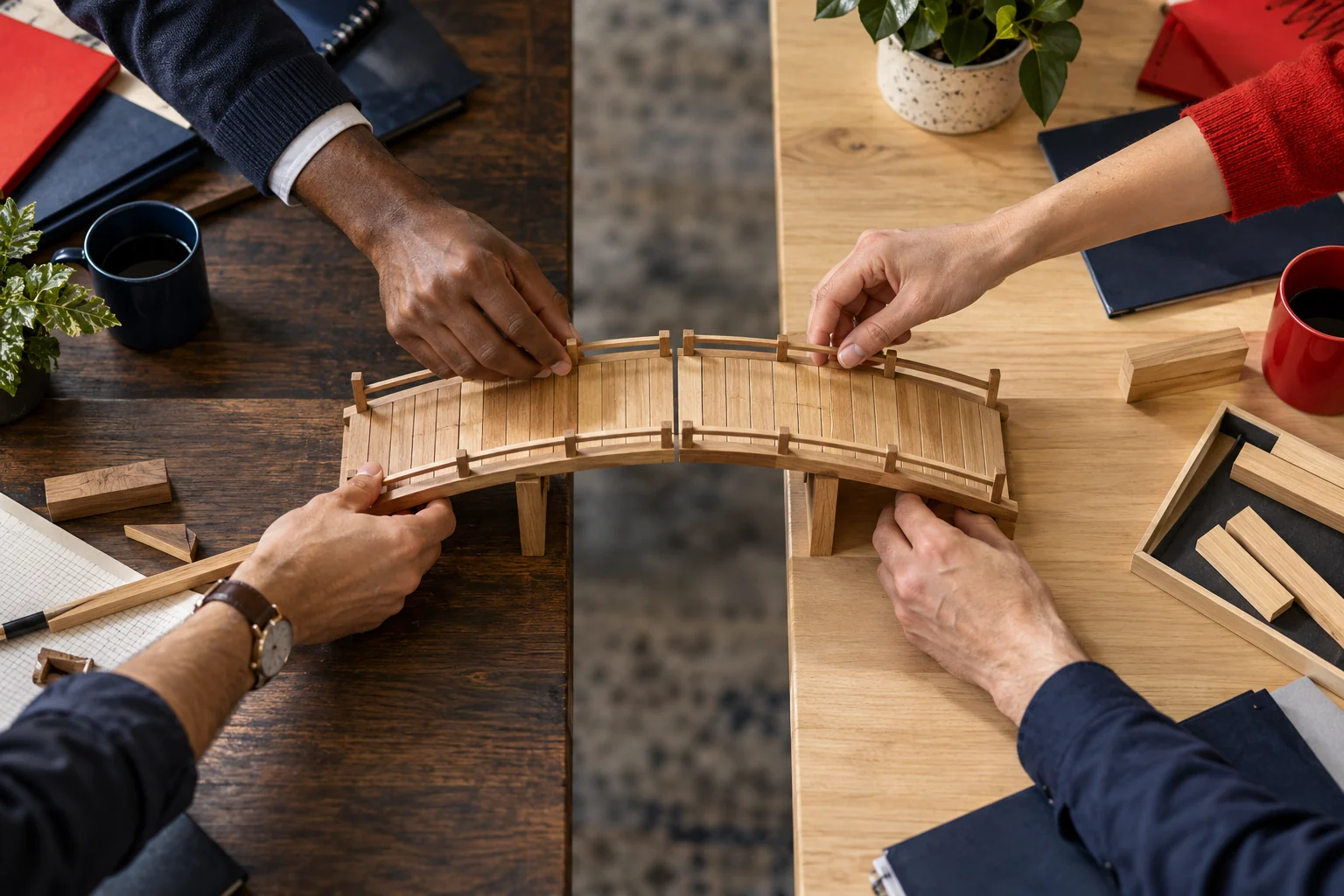 Mehrere Hände bauen gemeinsam eine Holzbrücke zwischen Tischen.