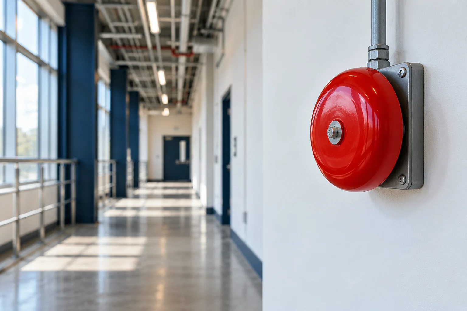 Eine rote Alarmglocke hängt in einem ruhigen Flur.