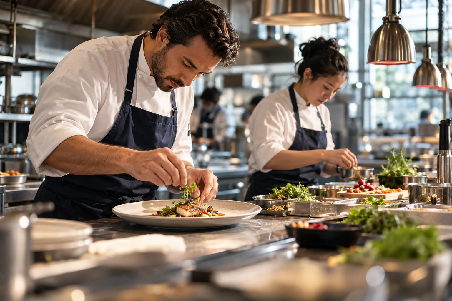 Two chefs work alongside each other on established and experimental dishes.