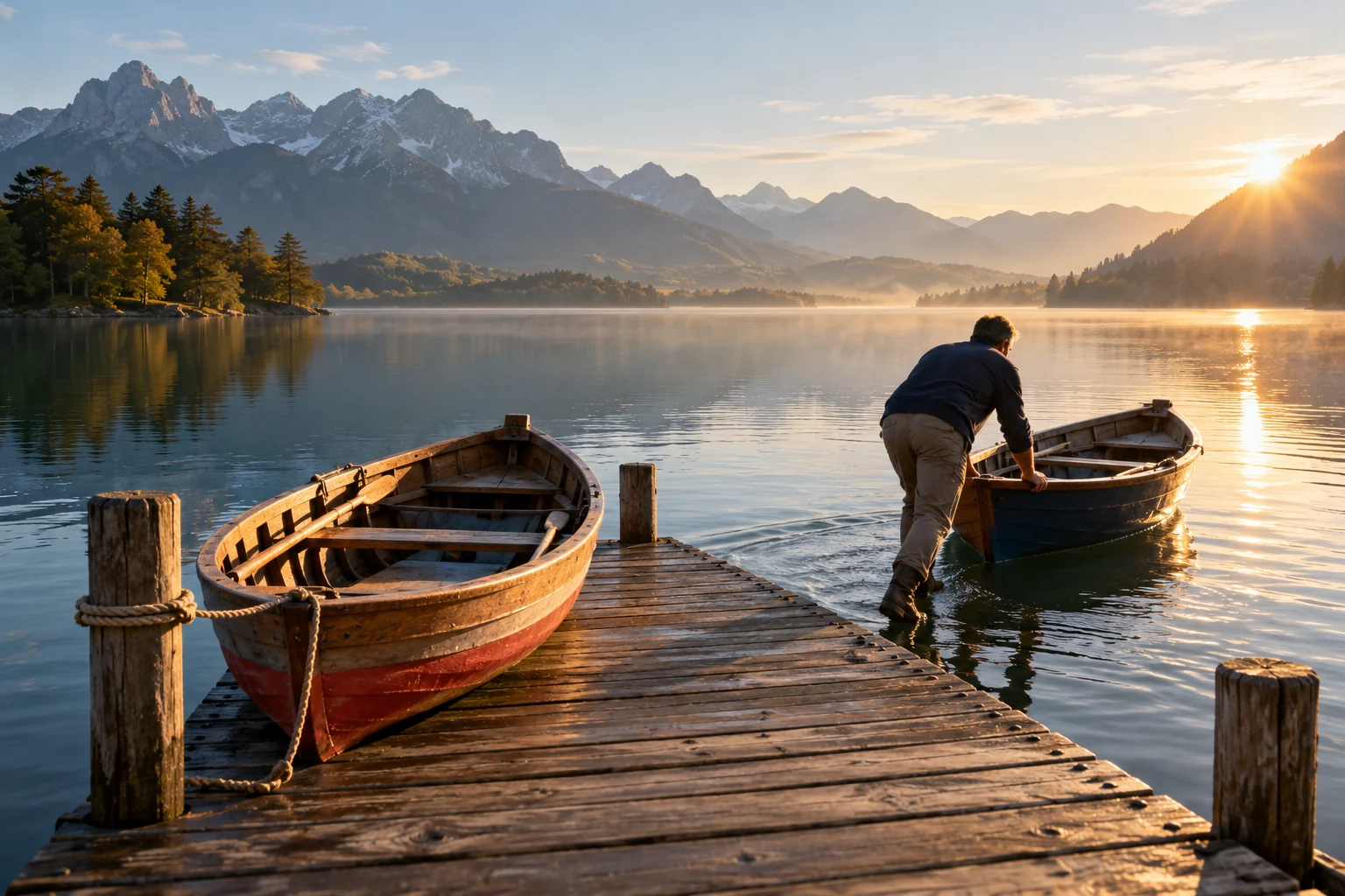 Zwei Ruderboote liegen an einem Holzsteg im Morgenlicht.