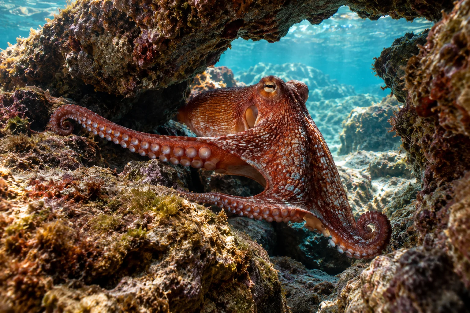 Ein Oktopus bewegt sich durch eine Öffnung zwischen Felsen.