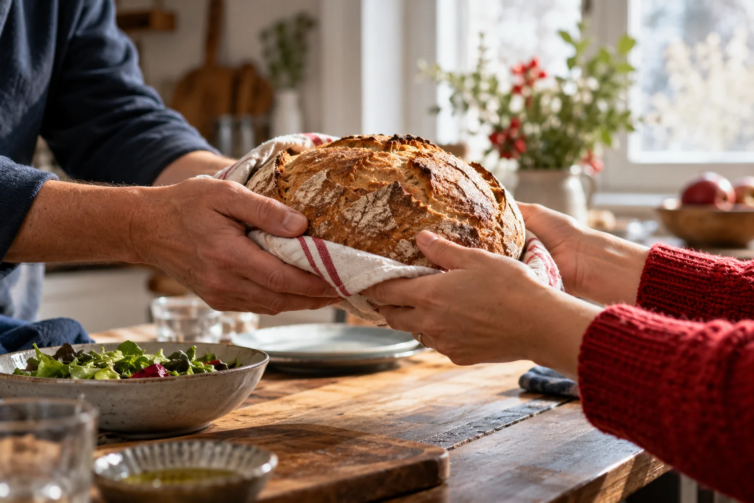 Hands share fresh bread at a sunlit table.