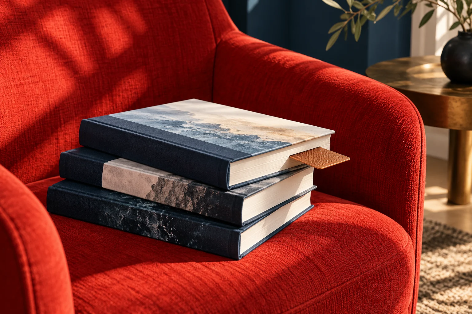 Drei Bücher ohne Beschriftung liegen auf einem roten Sessel.