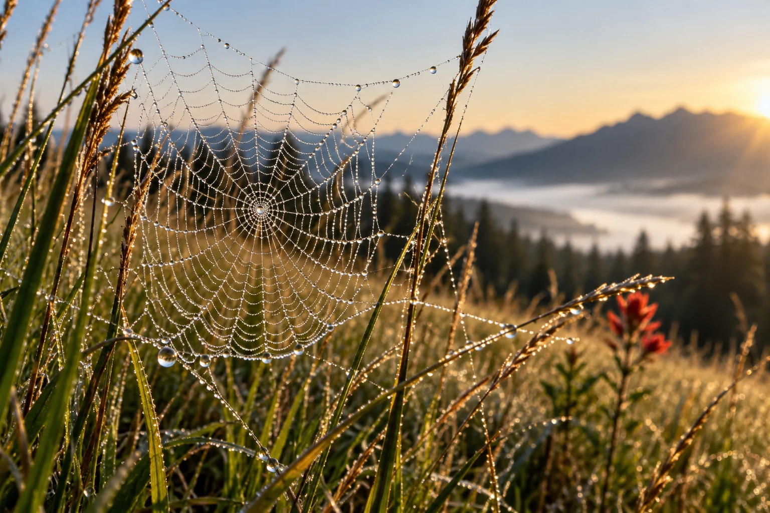 Dewdrops sparkle on a spider’s web in the morning light.