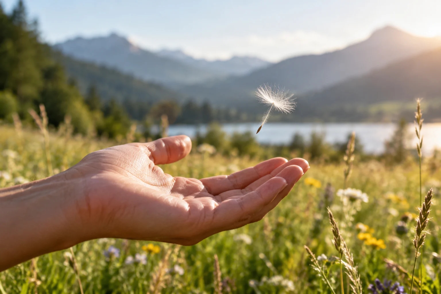 Eine Hand fängt einen fliegenden Löwenzahnsamen im Sonnenlicht.